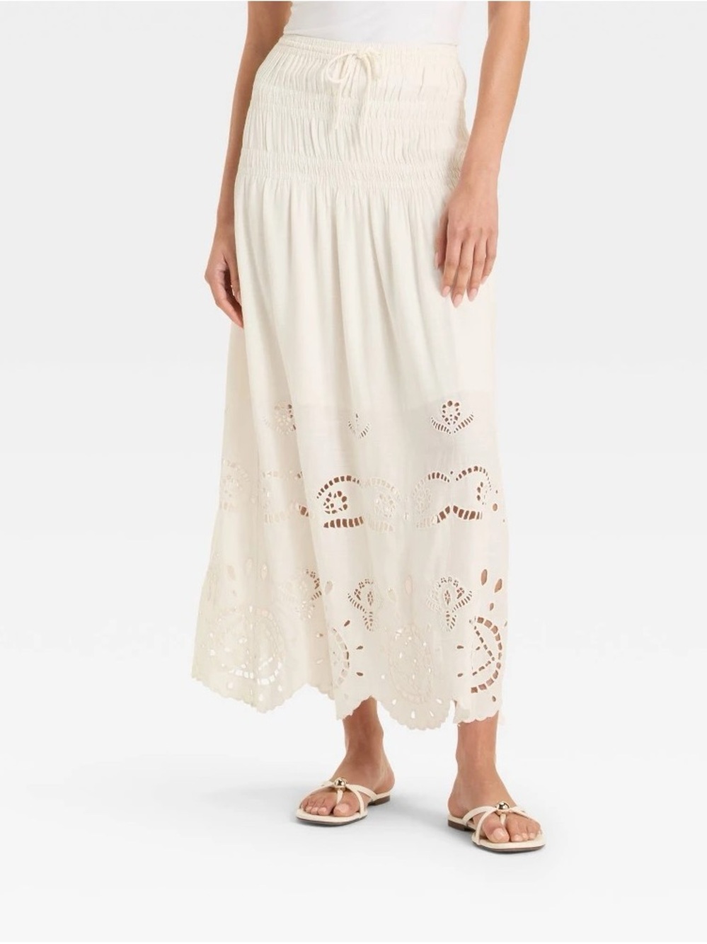 Women's Cream Eyelet-Trim Maxi Skirt with Smocked Waist b189